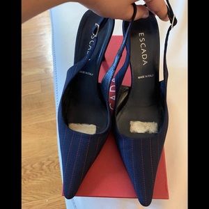 Navy Blue & Red pinstripe slingback fabric heels!